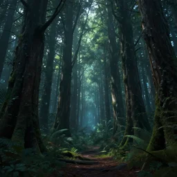 a gorgeous dark enchanted forest, in the style of thomas cole and pixar. beautiful beyond imagination! hyperrealism, path tracing, trending on artstation