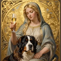 blonde madonna with glass of champagne in her hand and a saint bernard dog with his head on her lap. bordeaux with a gold filigree background. art nouveau. masterful, detailed drawing
