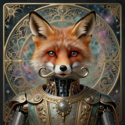 joyous hybrid fox and robot face, reaching nirvana, goofy, silly, dmt, large metal mustache, muted colors, benevolent, nebula background, glowing eyes, detailed realistic surreal retro robot in full regal attire. face portrait. art nouveau, visionary, baroque, giant fractal details. vertical symmetry by zdzisław beksinski, highly detailed, realistic