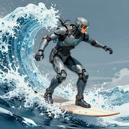 comic book illustration, an android soldier surfs on a wave of large ice crystals, cyberpunk concept art by Moebius, highly detailed, intricate, sci-fi, sharp focus, Trending on Artstation HQ, deviantart