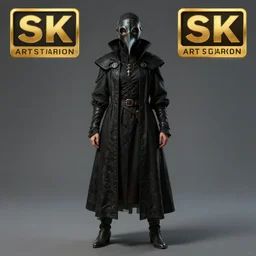 Full body Picture of a female Plague doctor, jet black tuffle coat, beaked mask, battle, detailed face features, alone, D&D, by artgerm and Craig Mullins, James Jean, Andrey Ryabovichev, Mark Simonetti and Peter Morbacher, matte painting, trending on artstation, artstationHD, artstationHQ, octane, full HD, 16K, award winning