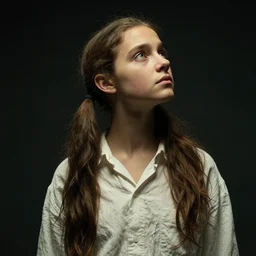 portrait, medium closeup, pigtails, cinematic light, dark background, sideview, looking up, wrinkled cotton shirt, by serge marshennikov, jeremy lipking, artgerm, alphonse mucha