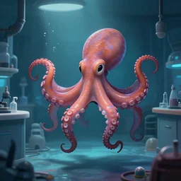 cartoonish lab with a large realistic octopus floating in the center dimly lit