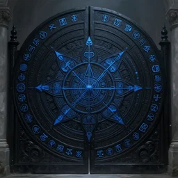 illustration of mystical geometrical alchemical black gate covered in blue sacred symbols, deep focus, intricate, elegant, highly detailed, foggy, misterious, digital painting, artstation, concept art, matte, sharp focus, art by artgerm and ernst haeckel and alphonse mucha