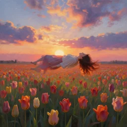 tulip head, girl floating in a flower field, surreal photography, sunrise dramatic light, impressionist painting, colorful clouds, digital painting, artstation, simon stalenhag