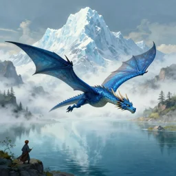 blue dragon flying, big lake, mist, big ice mountain in background, fantasy, d & d, illustration, art by artgerm and irakli nadar and greg rutkowski and alphonse mucha