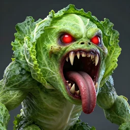 horrific realistic cabbage monster with fangs and a forked tongue, by stephen bliss, unreal engine, rhads very big, vibrant colors, red glowing eyes, concept art, detailed