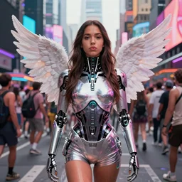 inception movie still full body portrait of young woman jessica alba as an edc rave angel girl cyborg in a crowded packed times square intersection, octane render, anime, trending on artstation, unreal engine, volumetric lighting, concept art, sci - fi, photoreal, sweating, pouty face, looking at camera, symmetrical, epic shot, fashion photoshoot,