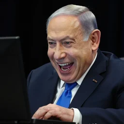 benjamin netanyahu hysterically laughing at computer screen, black background, highly detailed, sharp focus, by norman rockwell, greg rutkowski