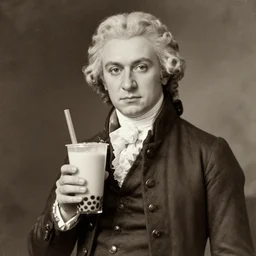 wolfgang amadeus mozart with a bubble tea, old sepia photography