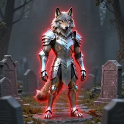 anthropomorphic wolf, bismuth rainbow metal armor, standing, cementary, fantasy 3 d render, masterpiece, red aura, by donato giancola and greg rutkowski and wayne barlow and zdzisław beksinski, realistic face