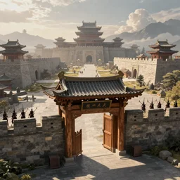 the wooden gates of a large city, a temple in the distance, large stone walls, archers on the wall, fantasy, hyper realistic, grand
