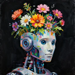 a painting by jeremy mann of a robot head with flowers growing out, highly detailed, color bleeding, pixel sorting, plain black background, studio lighting