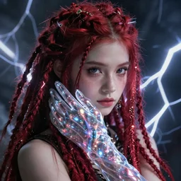 an orkish girl with red dreadlocks transparent glimmering glove, dramatic lightning, unreal engine, octan render - n 5