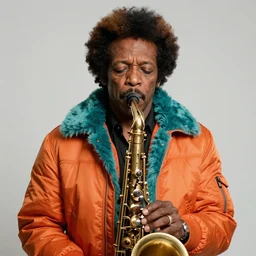 beautiful fantasy character portrait, miles davis, bitches brew, wearing orange puffy bomber jacket with teal fur, by malti klarwein