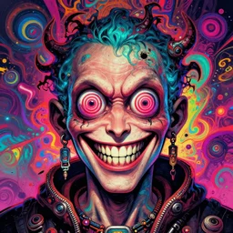 insane man with spiral eyes, grinning, with crazy psychedelic background, coherent detailed character design, weirdcore voidpunk digital art cgsociety, trending on deviantart, like art, intricate details, ultra 8 k, noise