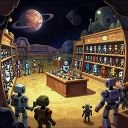 inside a store that sells robots, in a remote outpost, on a remote planet, from a sierra point and click 2 d graphic adventure game, set design inspired slightly by tomb raider, art inspired by [ thomas kinkade ] and mark keathley