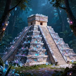 a ancient mayan pyramid in a forest made of crystal gems, bioluminiscense, fantasy art