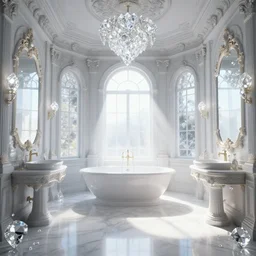 vaporwave bathroom, liminal space, high detail, rendered in unreal engine, 3d render, god rays, volumetric lighting, mansion, fancy interior, large windows, white diamonds