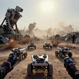 a first person view of few broken boston dynamics wheeled robots, in a big scrap yards of robots, gigantic high - tech contraptions scattered in the background, electric sparks, short - circuits, cemetery, dried up bushes, dust bowl, heat haze mirage, blinding sun, dust storm in the horizon, reporter, live footage, canon landscape lens, ektachrome color photo