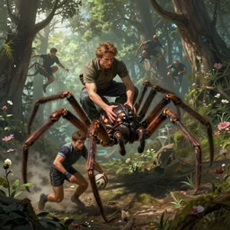 a sport where magic students ride giant spiders through the trees, d & d, rugby, action shot, focused, fantasy, intricate, cinematic lighting, highly detailed, digital painting, artstation, concept art, smooth, sharp focus, illustration, art by artgerm and greg rutkowski and alphonse mucha, bloom, dramatic lighting