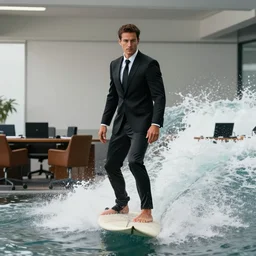 full body portrait, man in black suit surfs in office, ocean wave, furniture around, laptop on a table in the background, business surrounding, dslr, insane details, hyper reallistic, 8 k, clear face and eyes, ultra clear detail, hdr, textured, award winning, professional photography
