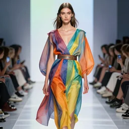 futuristic fashion show, beautiful model with colored clothes illustration, highly detailed,
