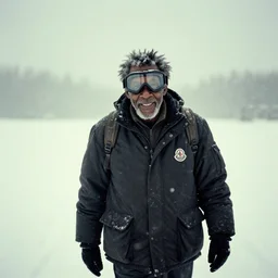 photo, old black man wandering in the snow, moncler jacket, ski goggles, wild unkempt hair, mischevious grin, portrait, cold color temperature, snow storm. hazy atmosphere. humidity haze. kodak ektachrome, greenish expired film, award winning, low contrast