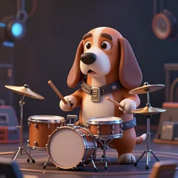 high quality 3 d render very cute sci - fi basset hound plays drums!, cyberpunk highly detailed, unreal engine cinematic smooth, in the style of blade runner & pixar, hannah yata charlie immer, moody light, low angle, uhd 8 k, sharp focus