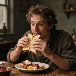 Detrans man eating a chicken and bacon sandwich in a studio ghbli style