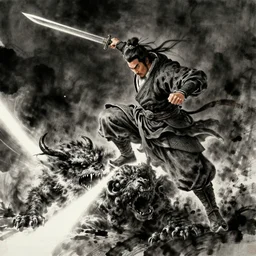 ancient ink painting of a chinese warrior in clothes with a broadsword, hejump and hit the monster down hard, a dark sky and a ray of white light on the grounddramatic lighting, whole body, hyper realistic, extremely detailed, octane render, 8 k, sophisticated, photorealistic