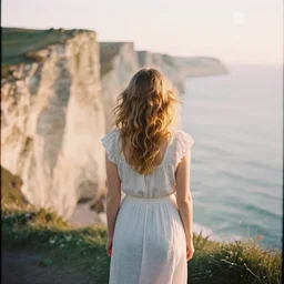 photograph of a beautiful!!! woman! from the back standing in cliffs by mark owen. pastel colors. kodak portra 4 0 0 film!!. whirl bokeh!. mamiya 7. highly detailed. hq. photoreal. golden hour. lens flare. faded film. in - frame