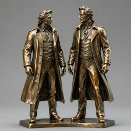 a couple of statues of men in costumes, a bronze sculpture by Guillermo del Toro, featured on deviantart, antipodeans, movie still, ultra detailed, shiny