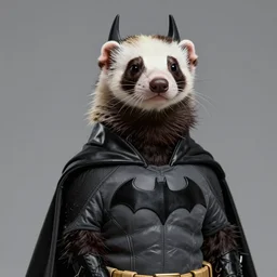 A ferret wearing a Batman suit, hyperdetailed, artstation, cgsociety, 8k