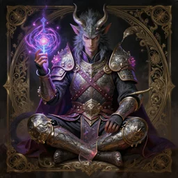 painting of a young man satyr warrior with neon magic character design from dark souls, decorated, intricate, elegant, highly detailed, digital painting, artstation, concept art, smooth, sharp focus, illustration, art by artgerm and greg rutkowski and alphonse mucha, 8 k