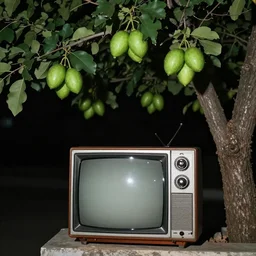 a tree with old televison fruit at night
