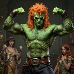 chris farley, with green skin and orange body hair, as blanka from street fighter flexing, ultra realistic, concept art, intricate details, eerie, highly detailed, photorealistic, octane render, 8 k, unreal engine. art by artgerm and greg rutkowski and magali villeneuve and alphonse mucha