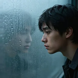 young person looking through water wall, with clear glass, melancholic, sad, lots of raindrops, detailed, cinematic, dramatic lighting, by laszlo moholy - nagy