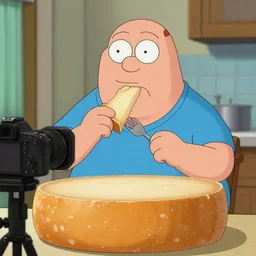peter griffin as a real person eating a large wheel of cheese, dslr, natural lighting, realistic,