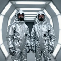 two explorers in silver hazmat suits surrounded by fluorescent light tunnel by frank frazetta