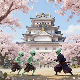 a beautiful picture of sakura in full bloom, palace ， aliens brainsuckers fighting samurais, by greg rutkowski and thomas kinkade, trending on artstation