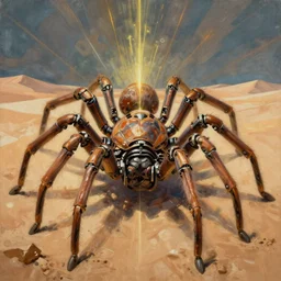 a painting of a giant mechanical spider in the desert, one character, fine art, intrincate, by moebius, jean giraud & kilian eng