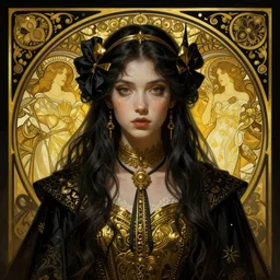 fantasy portrait of the great terror, intricate detail, photorealistic, elegant, stylish, highly detailed, digital painting, artstation, concept art, smooth, sharp focus, illustration, art by artgerm and greg rutkowski and alphonse mucha, yellow black scheme