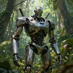 epic portrait of a menacing robot in the jungle, by jim burns and peter elson, trending on artstation, octane render