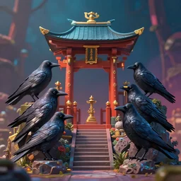 shrine for crow gods. award - winning 3 d animation by an indie studio, rimlighting, depth of field, limited but vibrant palette, intricate details, impressionism, chiaroscuro, bokeh.