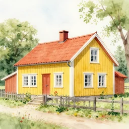 watercolor painting of a yellow swedish farm house