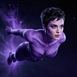 photos of beautiful actress Ruby Rose with flawless skin and no tattoos colored as the purple skinned Green Lantern soranik natu as she soars thru outer space,Ruby Rose, photogenic, purple skin, short black pixie like hair, particle effects, photography, studio lighting, cinematic