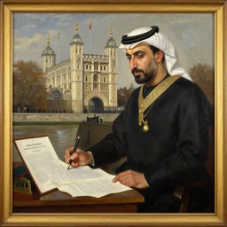 an oil painting of emad mostaque signing the 5 th royal decree at the tower of london