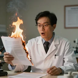 a surprised scientist with burning papers in the style of modernism