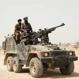 the taliban riding on top of tow mater with mounted machine gun